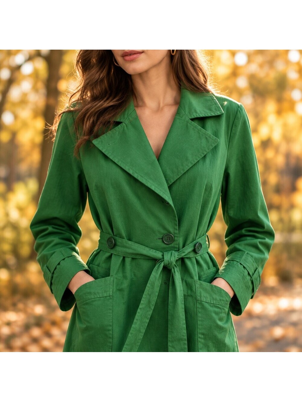 Vintage Y2K Kelly Green Mid Length Belted Trench Coat Jacket Rain Medium 5108